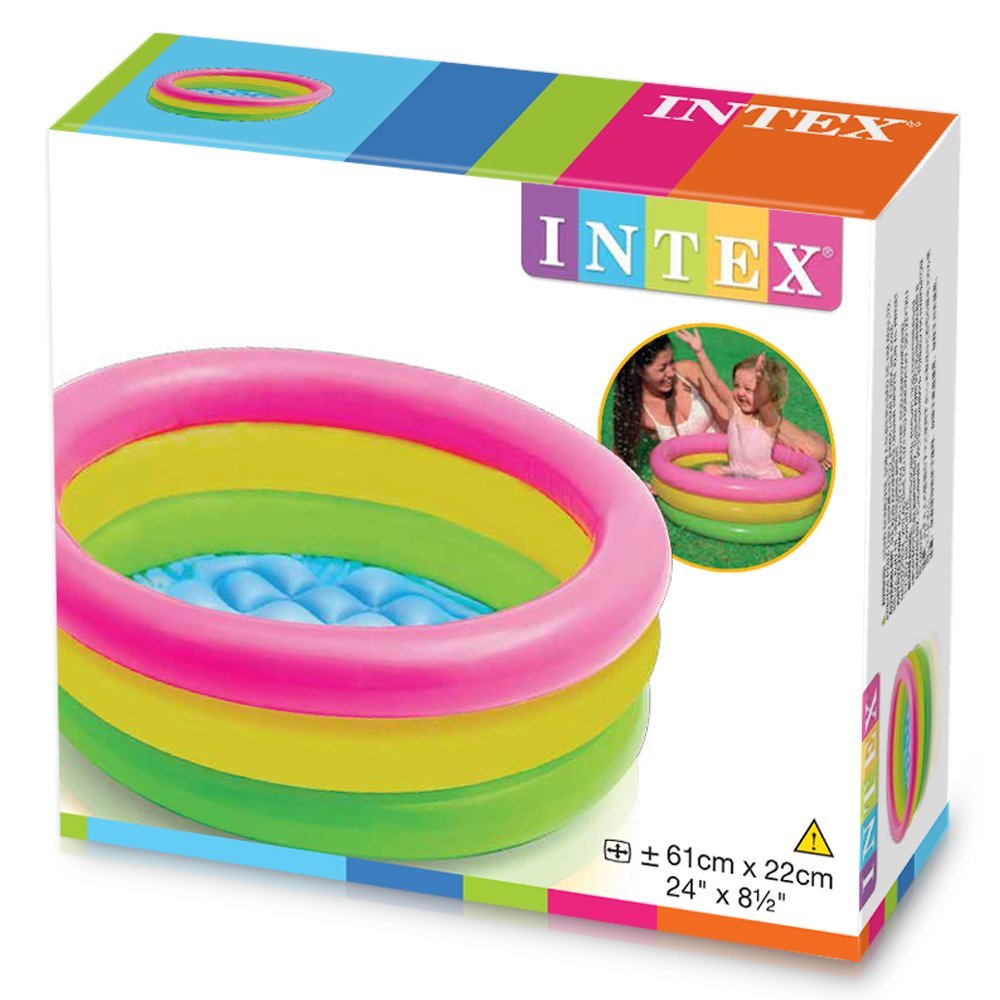 Intex 57107NP - Piscina Redonda hinchable 3 aros +base hinchable 61 x 22 cm, 28 l, Azul, rosa, verde, 1 a 3 años