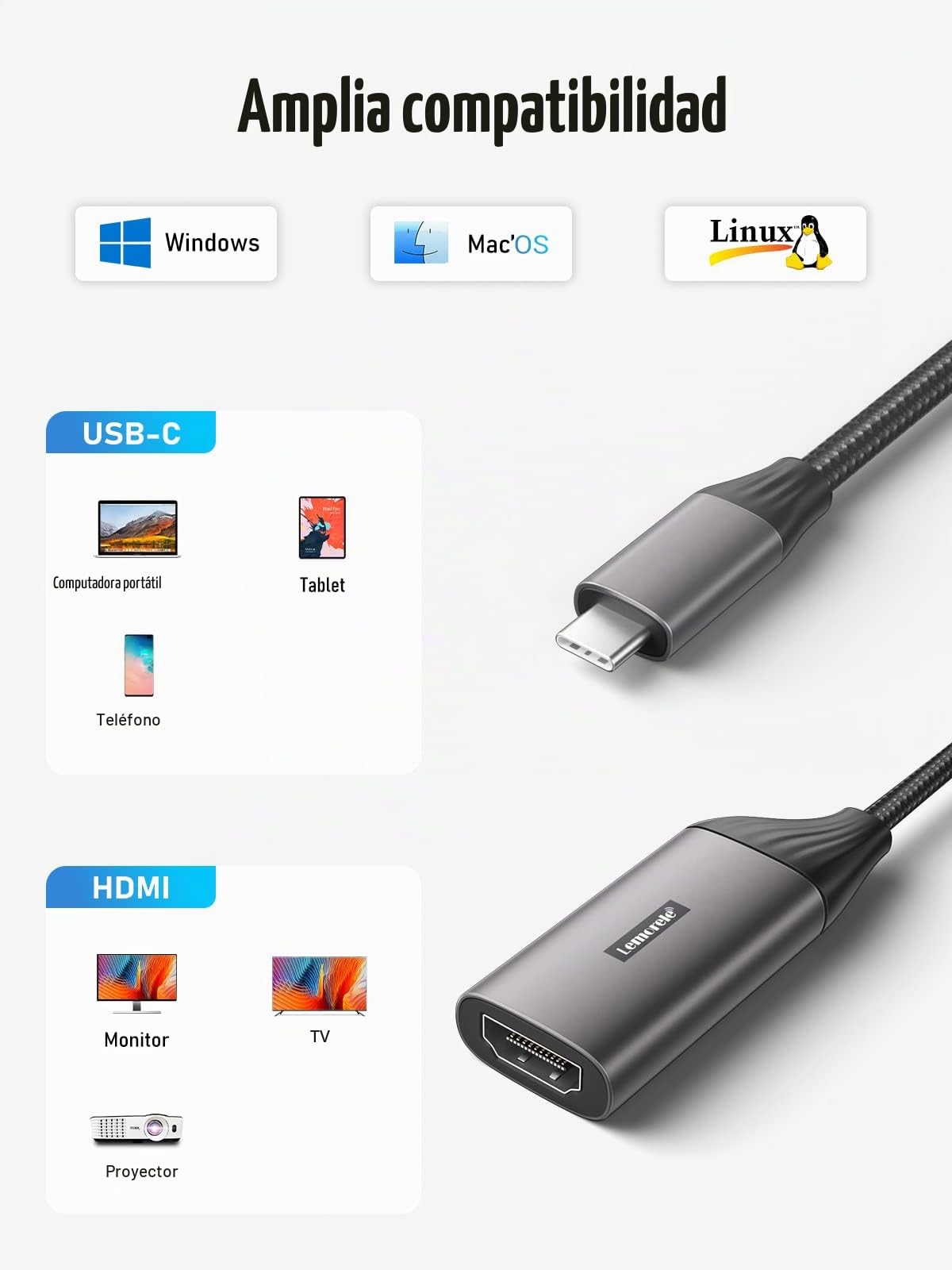 Lemorele Adaptador USB C a HDMI(4K@30 Hz) - USB C HDMI con Carcasa de Aluminio y Cable de Nailon. Adaptador HDMI Compatible con MacBook Air/Pro M1, iPad M1, Teléfono Móvil, Switch, Windows y más