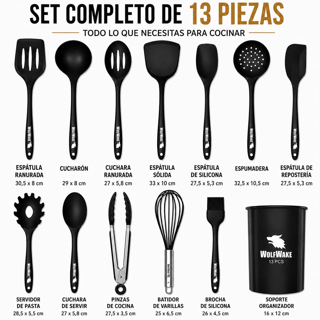 WOLFWAKE 13 Piezas Utensilios de Cocina de Silicona - Menaje de Cocina, Paletas de Cocina, Cucharones de Cocina, Pinzas de Cocina, Bote Utensilios Cocina, Resistentes al Calor y Antiadherente (Negro)