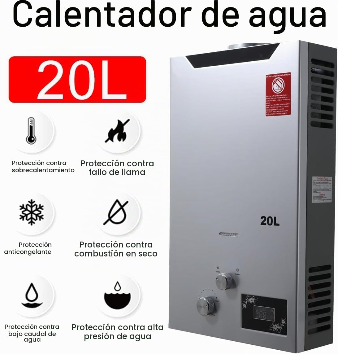 CDZHLTG Calentador de Agua de Gas GLP Propano, 20L 40KW Calentador de Agua de Gas con Cabezal de Ducha, Calentador de agua Propano Sin Tanque para El Hogar para Hogares, Apartamentos