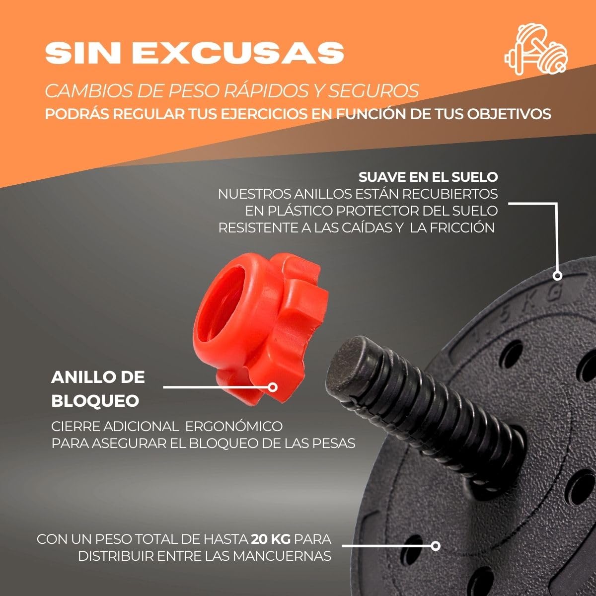 Mobiclinic® fitness, Mancuernas ajustables, 2 en 1, Extenfit, Peso de 2-20 kg, Incluye y barra extensión acolchada, Tuercas antideslizantes, Acero resistente, Gym casa