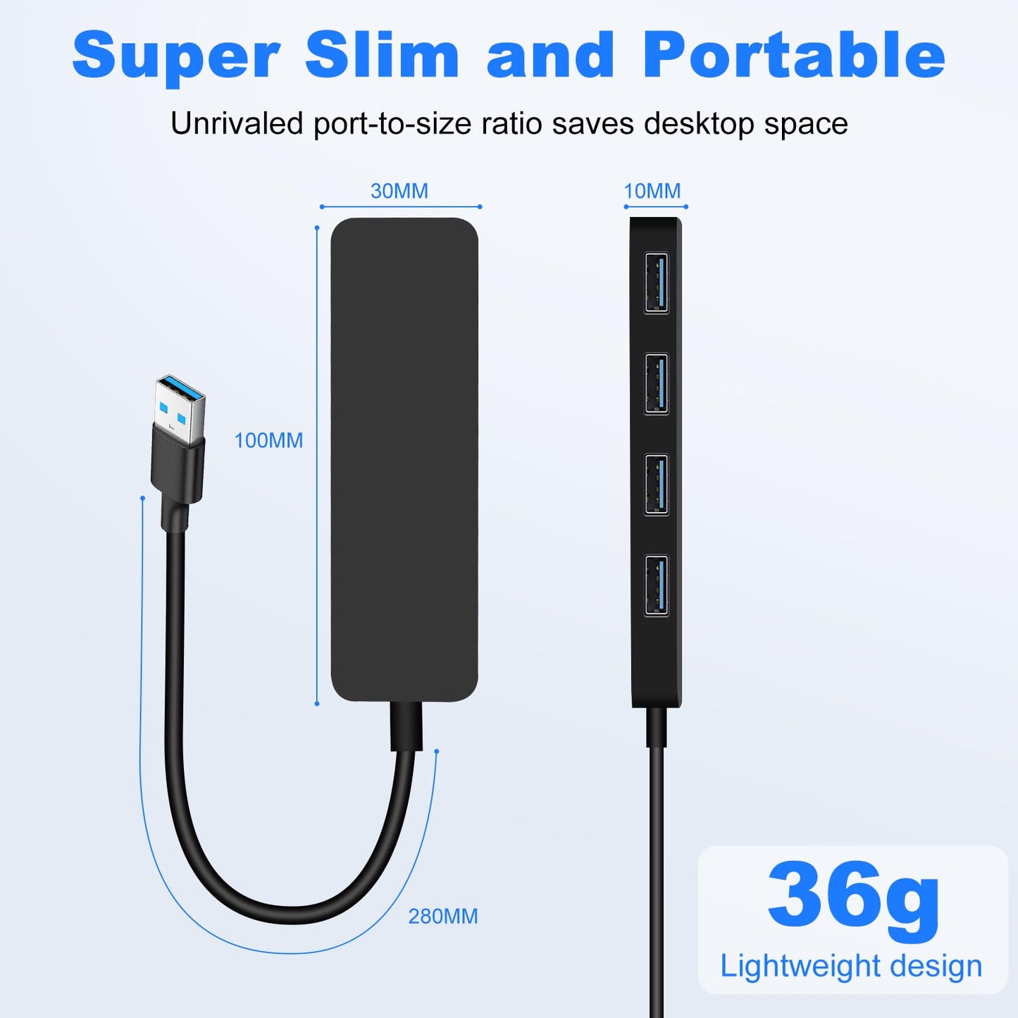 Hub USB 3.0, 4 Puertos Adaptador Ladron USB, 5Gbps Multipuerto USB para MacBook Pro/Air, iMac, Surface Pro, XPS, PC, Ratón, Impresora, Teclado, DELL, HDD y Más