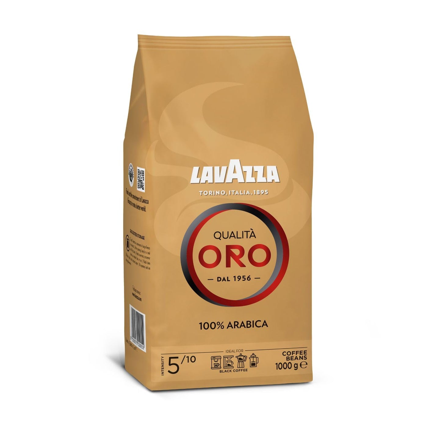 Lavazza, Qualità Oro, Café en Grano Natural, Ideal para la Máquina de Café Espresso, con Notas Aromáticas de Frutas y Flores, 100% Arábica, Intensidad 5, Tueste Medio, Paquete de 1 kg