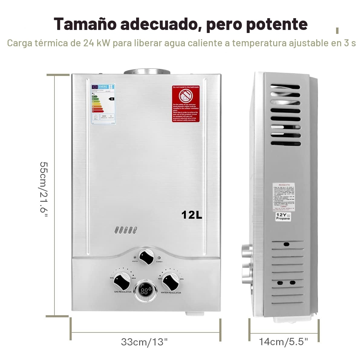 Calentador de Agua a Gas 12LPM,Calentador de Agua GLP de 24KW con Presión de Agua de Arranque Súper Baja de 0,2 bar,Operado con Butano y Propano