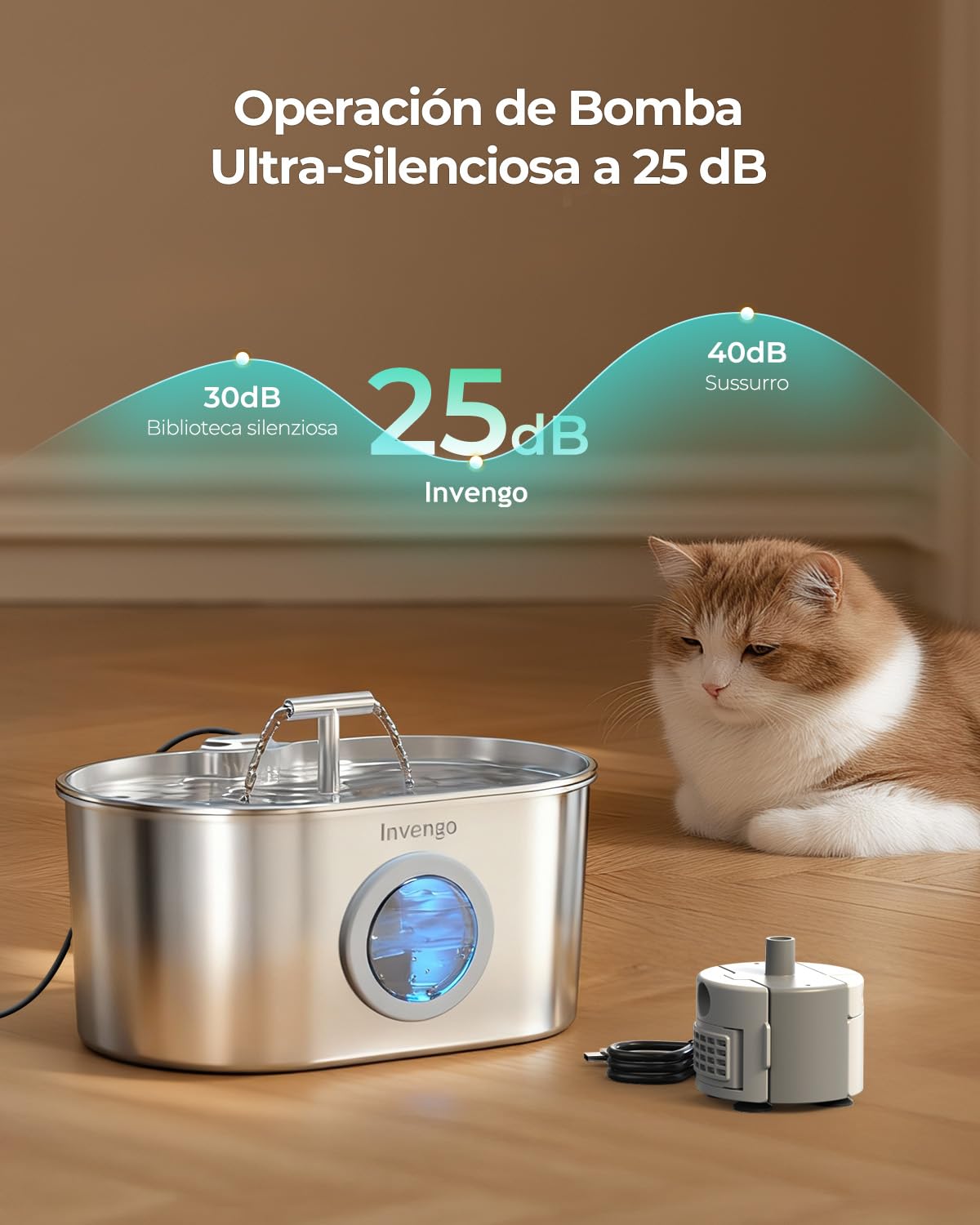 Fuente para Gatos Acero Inoxidable Invengo: Dispensador Automático de 2,2 L para Gatos y Perros, Fuente Silenciosa para Felinos con Filtro de 5 Capas, Salidas de Agua Dobles- 4 Filtros + 4 Esponjas
