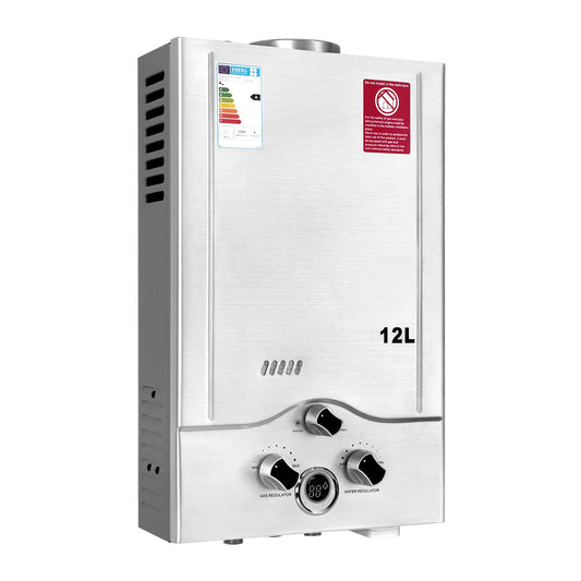 Calentador de Agua a Gas 12LPM,Calentador de Agua GLP de 24KW con Presión de Agua de Arranque Súper Baja de 0,2 bar,Operado con Butano y Propano
