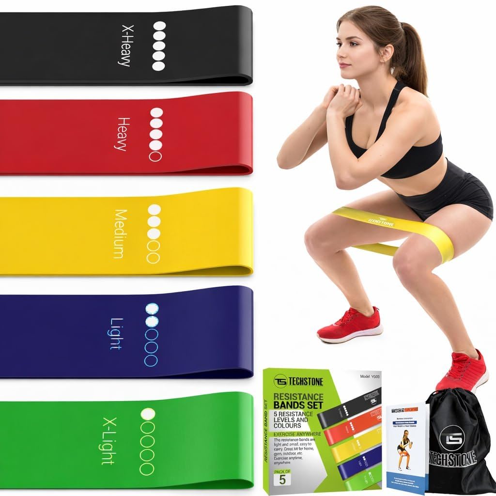 TechStone Bandas De Resistencia para Entrenamiento Mujeres Y Hombres – Pack De 5 Niveles Diferentes Bandas Elásticas De Alta Resistencia para Gimnasio En Casa Y Oficina