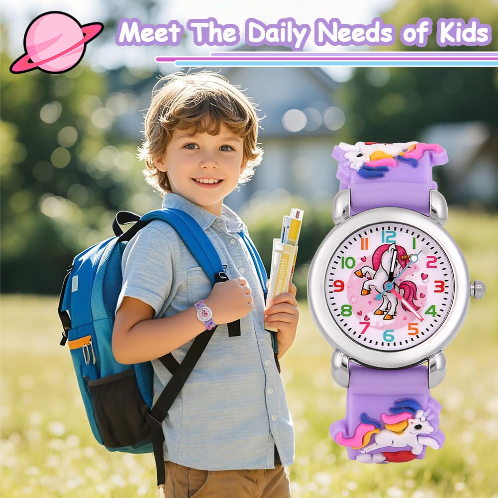 OFFCUP Reloj Analógico de Pulsera para Niños, Relojes de Cuarzo con Dibujos 3D para Niños 3-11 Años (Unicornio Morado)