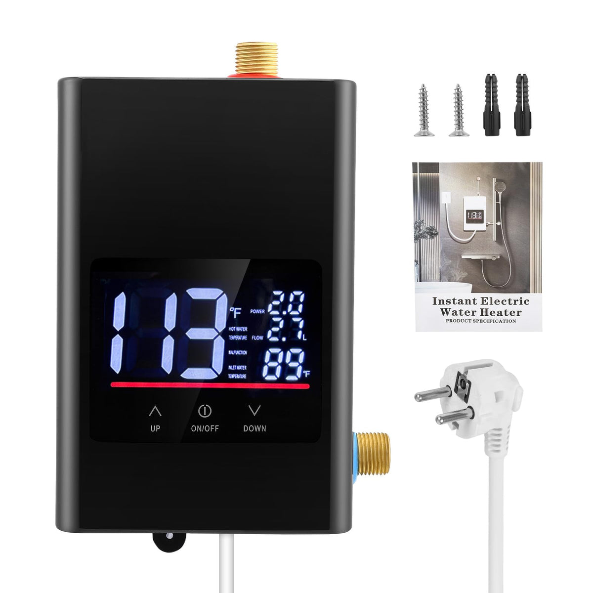 Eirolace Mini Calentador de Agua Eléctrico Instantáneo 6000W 220V, Calentador de Agua Instantáneo con Indicador de Temperatura y Mando a Distancia, Calentador de Agua IPX4 para Cocina, Ducha, Baño