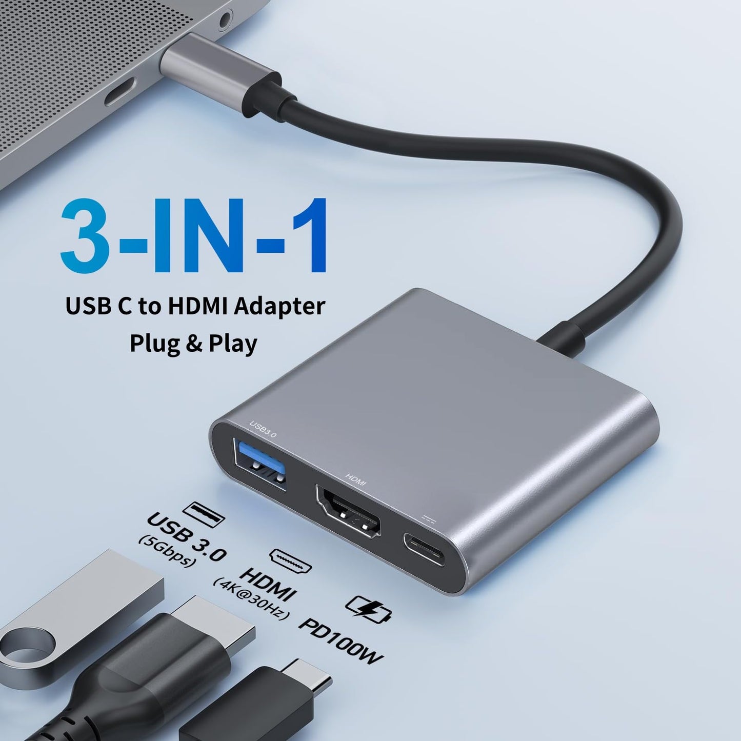 Adaptador USB C a HDMI, Adaptador Multipuerto USB C con 4K HDMI, USB 3.0 y 100W PD Carga Rápida, Hub Tipo C Compatible con MacBook Pro/Air, iPad Pro/Air, Samsung, Surface, Pixelbook, HP