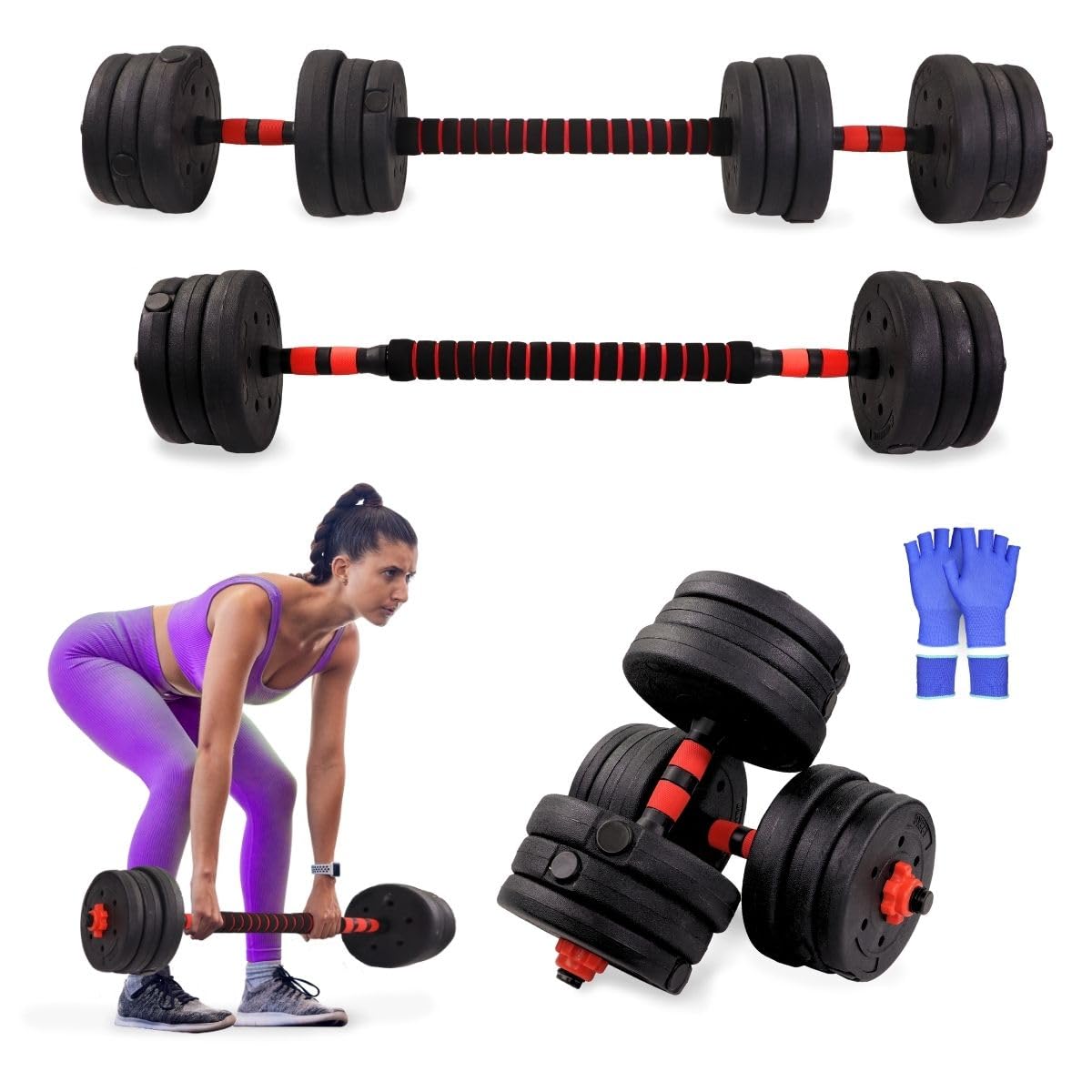 Mobiclinic® fitness, Mancuernas ajustables, 2 en 1, Extenfit, Peso de 2-20 kg, Incluye y barra extensión acolchada, Tuercas antideslizantes, Acero resistente, Gym casa