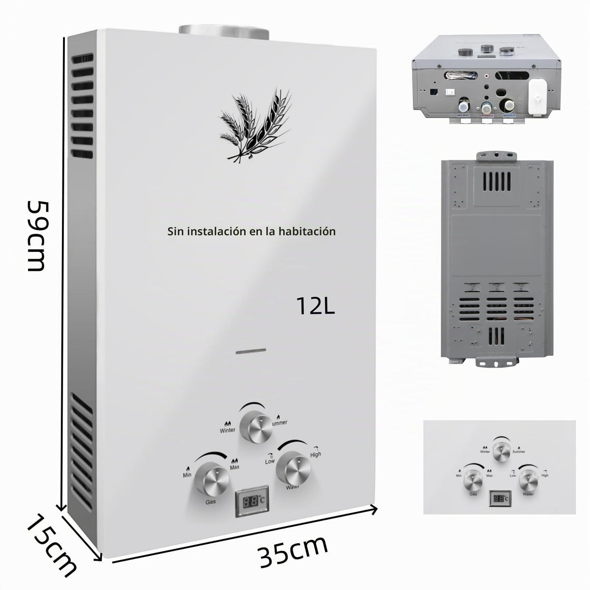 Calentador de Agua Instantáneo GLP 12L 24kW Portátil, Compatible Propano y Butano, Modos Verano e Invierno, Acabado Blanco, para Baño, Ducha Exterior y Camping