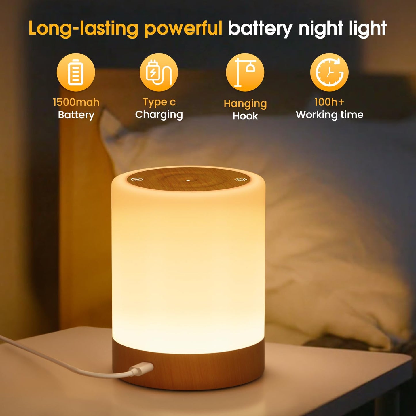 NIWOHOM Lamparas de Mesita de Noche, 256 RGB Color y 5 Modos,Recargable USB