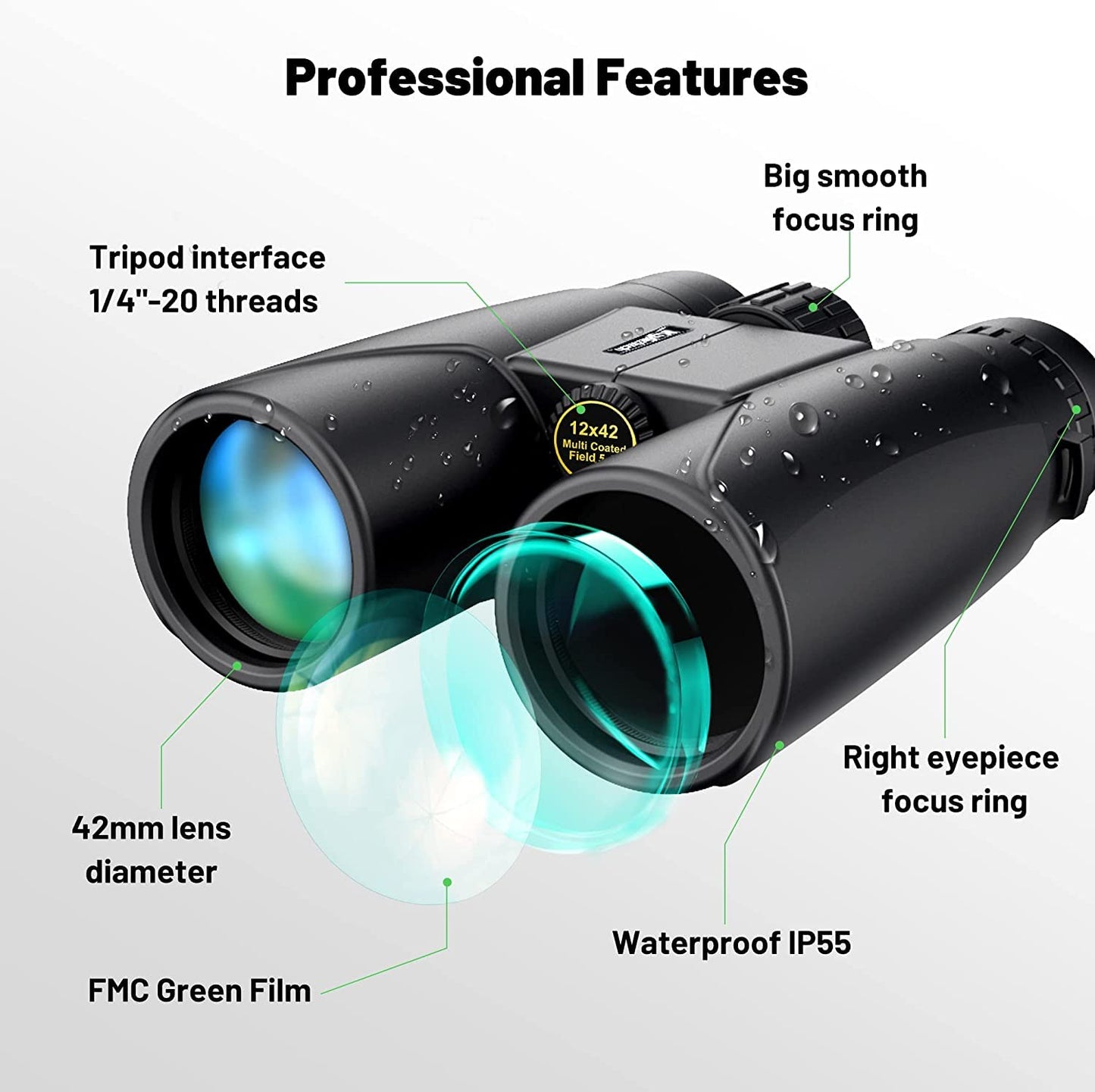 Kylietech Prismaticos Profesionales Largo Alcance, Binoculares Pequeños y Potentes 12x42 - Prismas BAK-4 y Lentes FMC, Antiniebla e Impermeables con Adaptador para Smartphone de Aves, Caza, Senderismo