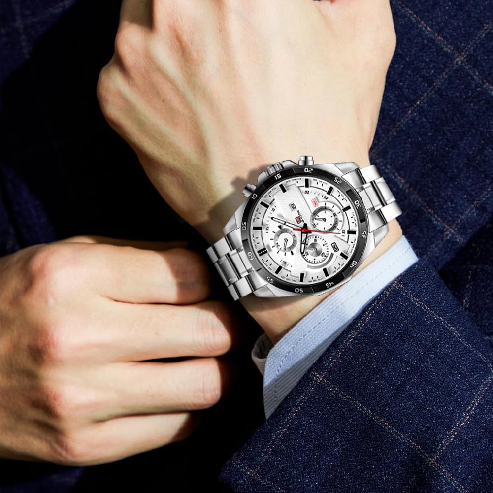OFFCUP Reloj para Hombre, 50mm Cronografo Impermeable Relojes, Reloj Analógico de Cuarzo con Correa en Acero Inoxidable et Fecha Automática, Negocios Casual Relojes de Pulsera para Hombres (Plata)