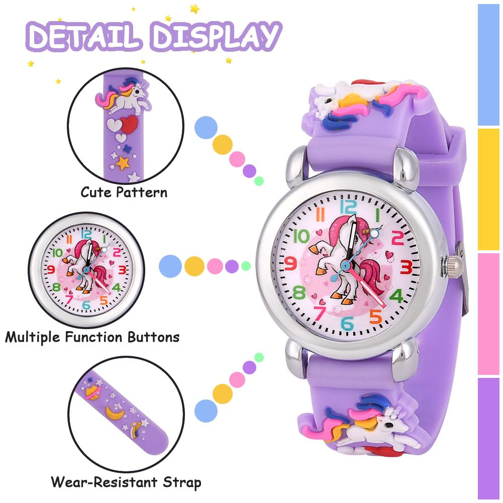 OFFCUP Reloj Analógico de Pulsera para Niños, Relojes de Cuarzo con Dibujos 3D para Niños 3-11 Años (Unicornio Morado)