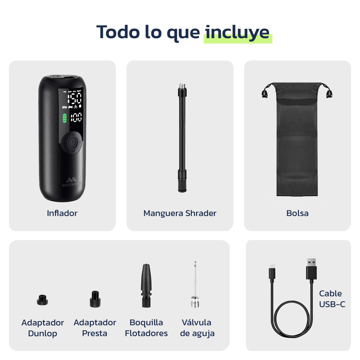 Woowind Inflador Ruedas Coche, Bici y Moto, Apagado Automático, 10,3 Bar