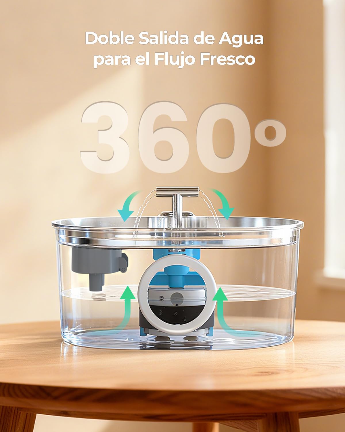 Fuente para Gatos Acero Inoxidable Invengo: Dispensador Automático de 2,2 L para Gatos y Perros, Fuente Silenciosa para Felinos con Filtro de 5 Capas, Salidas de Agua Dobles- 4 Filtros + 4 Esponjas