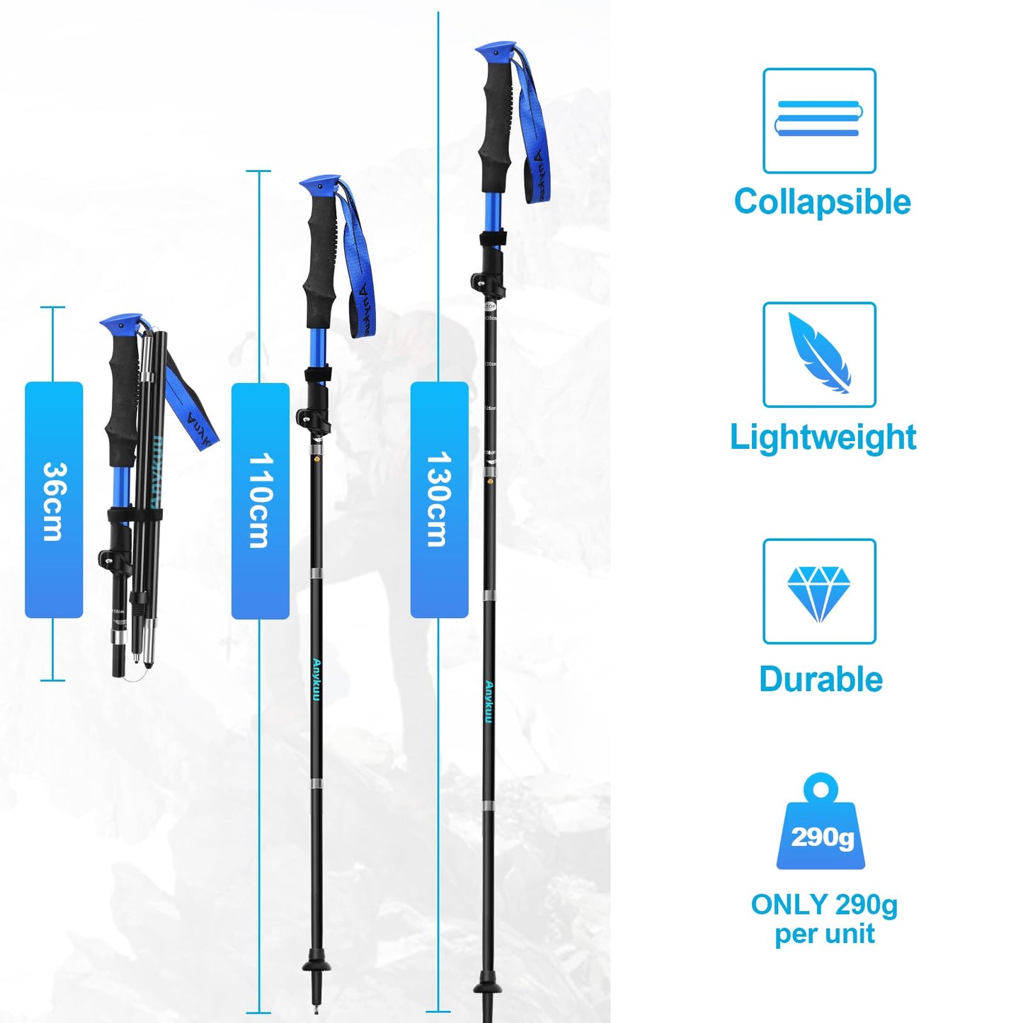 Anykuu 7075 Bastones de Senderismo de Aleación de Aluminio 2pcs y EVA Bastones Trekking Bastones Marcha Nordica Plegables Ajustar la Longitud 110-130CM para Senderismo Viaje Alpinismo Trail