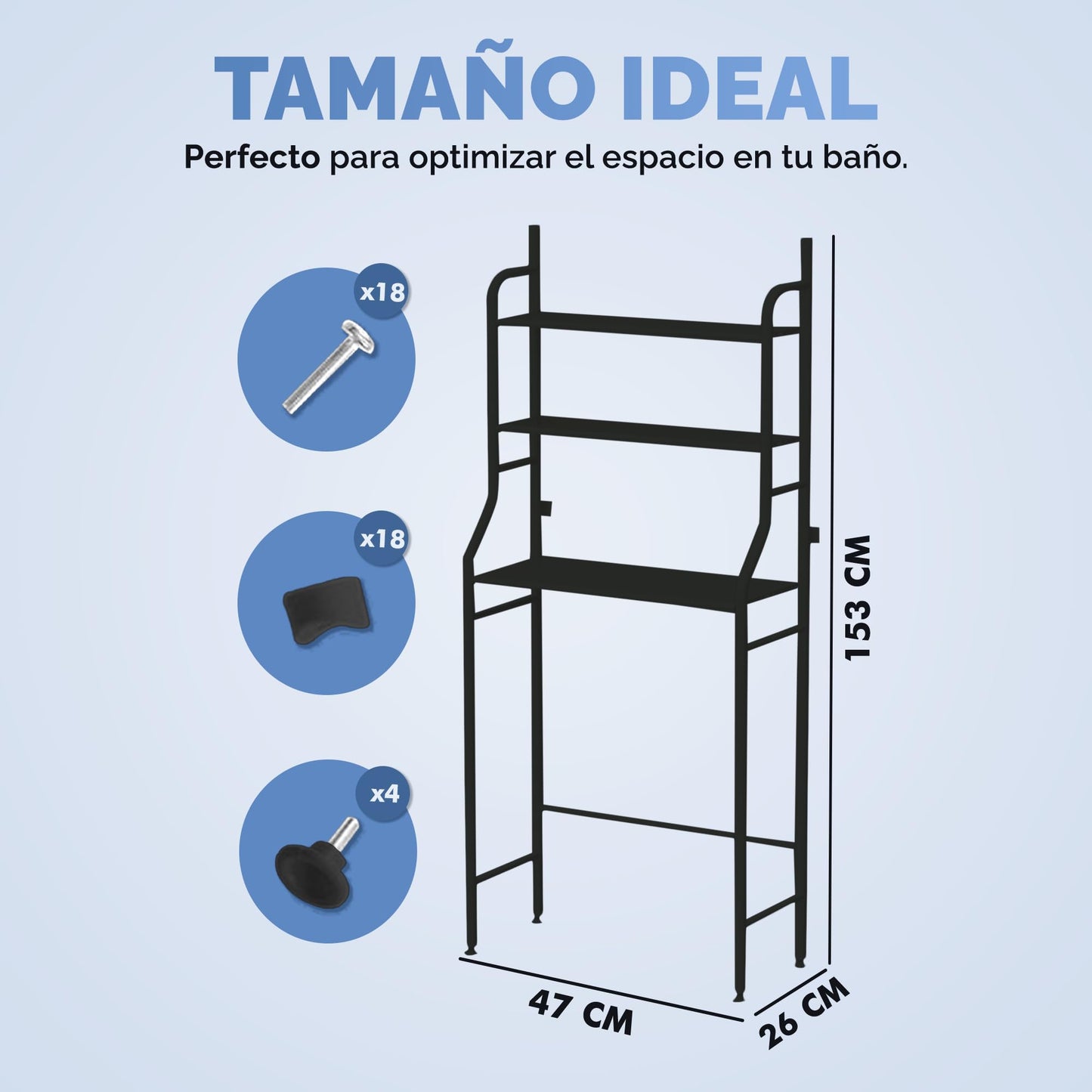 JUPPLIES Estanteria Baño sobre Inodoro (47×26×153 cm) - Mueble Baño WC de 3 Niveles con Patas Regulables y Soporte Antivuelco - Estante de Almacenamiento Impermeable, Organizador para Toallas - Negro