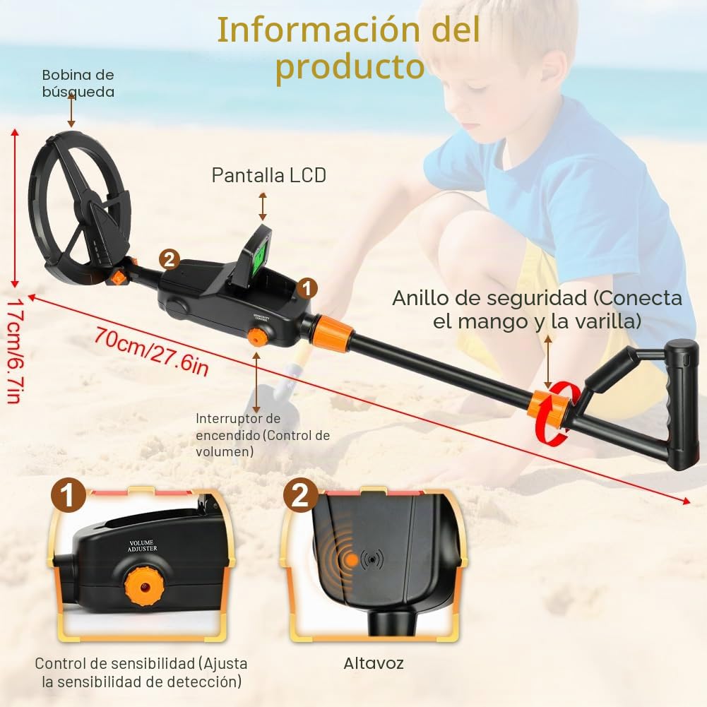 AXFEE Detector de Metales Niños, Detectores de Metale Plegable IP66 con Pantalla LCD e Indicación de Sonido, Detector de Metales de Alta Precisión para Niños o Principiantes（Negro）