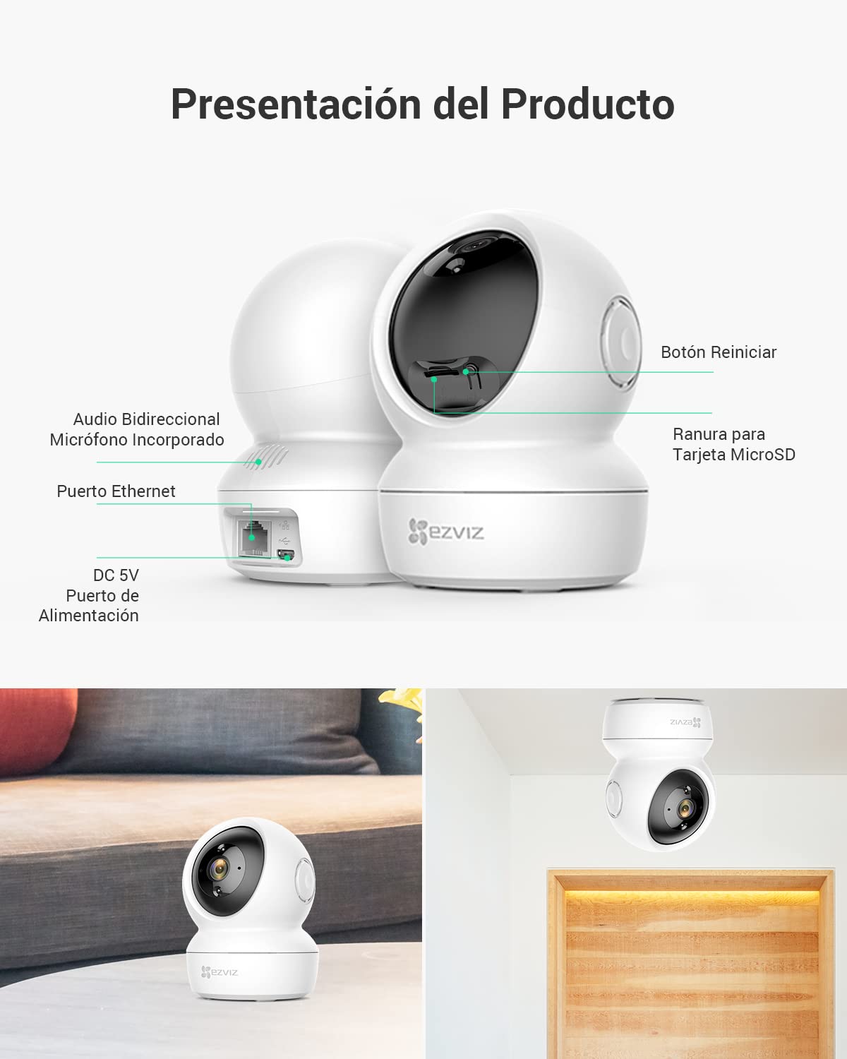 EZVIZ Kit de 2 Cámaras Vigilancia WiFi Interior 360º, C6N Camara Vigilancia Bebe 1080P, Visión Nocturna, Audio Bidireccional, Detección de Movimiento, Control Remoto, Blanco