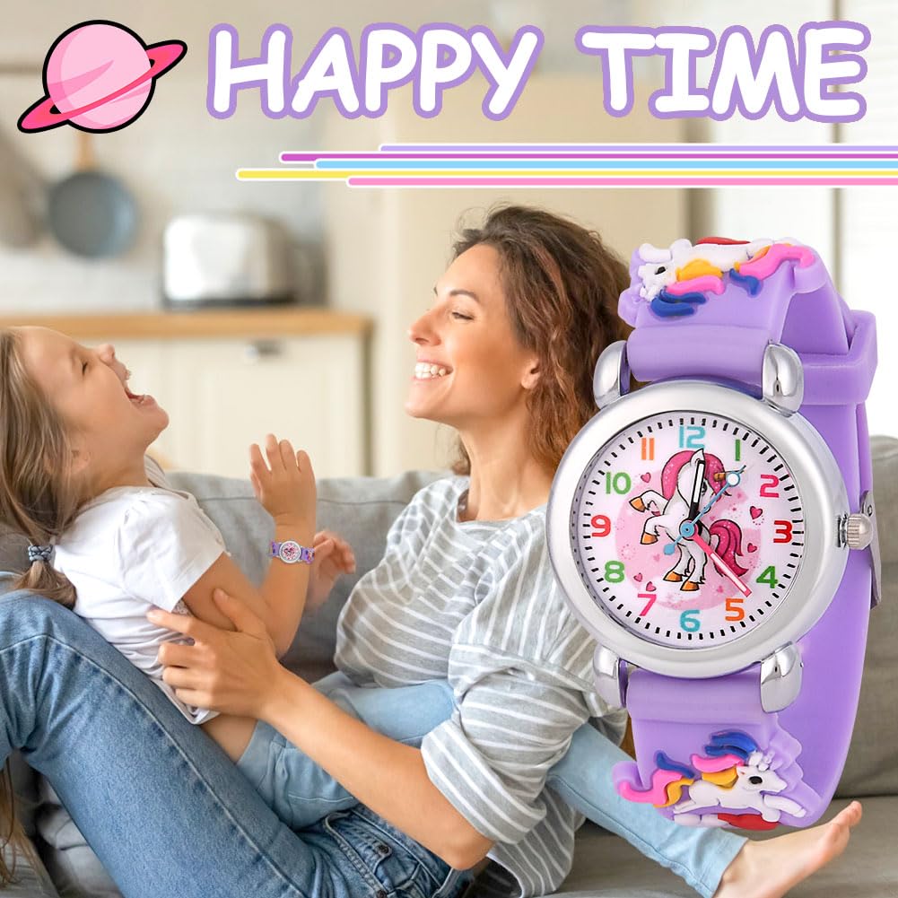 OFFCUP Reloj Analógico de Pulsera para Niños, Relojes de Cuarzo con Dibujos 3D para Niños 3-11 Años (Unicornio Morado)