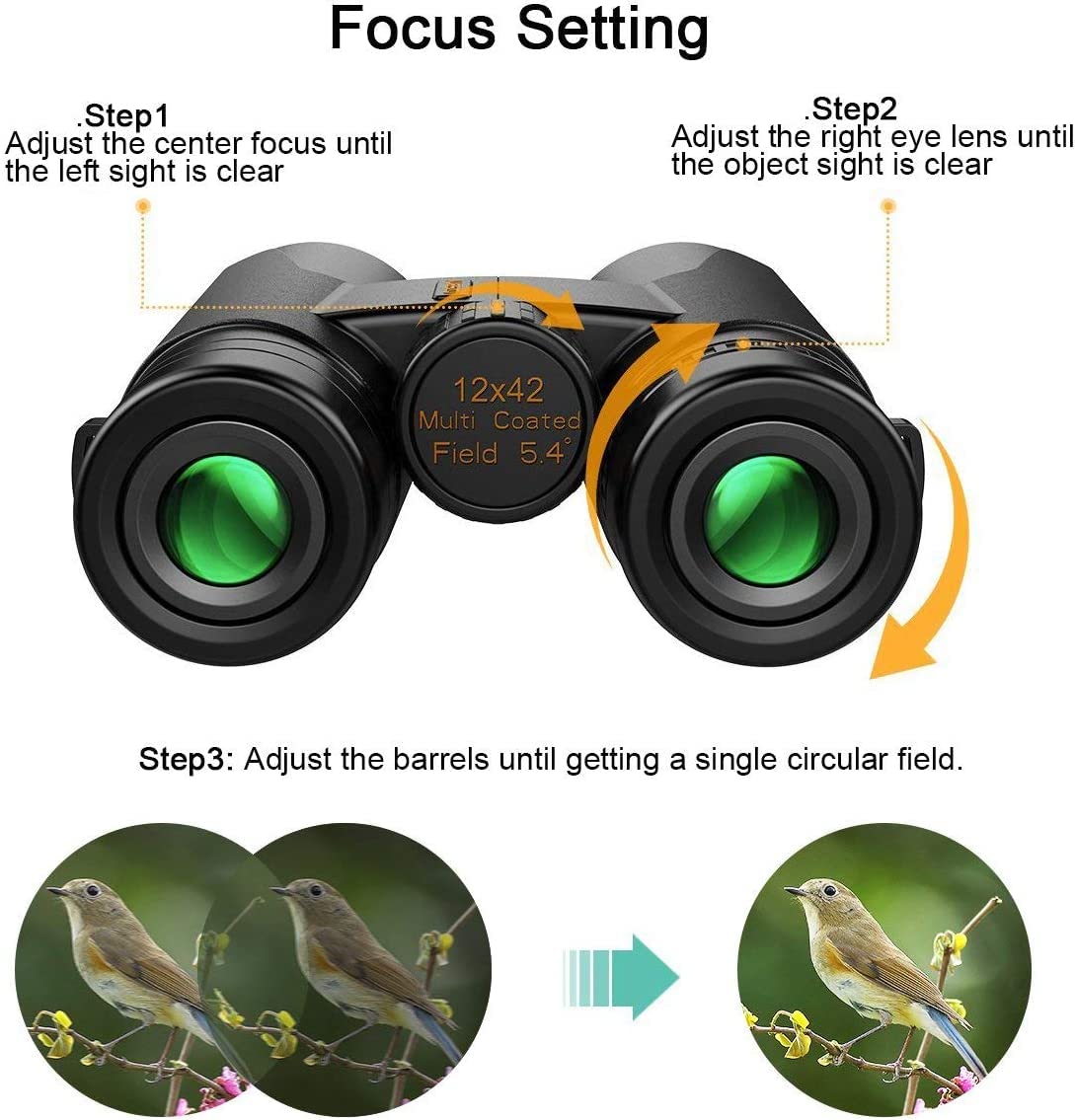 Kylietech Prismaticos Profesionales Largo Alcance, Binoculares Pequeños y Potentes 12x42 - Prismas BAK-4 y Lentes FMC, Antiniebla e Impermeables con Adaptador para Smartphone de Aves, Caza, Senderismo