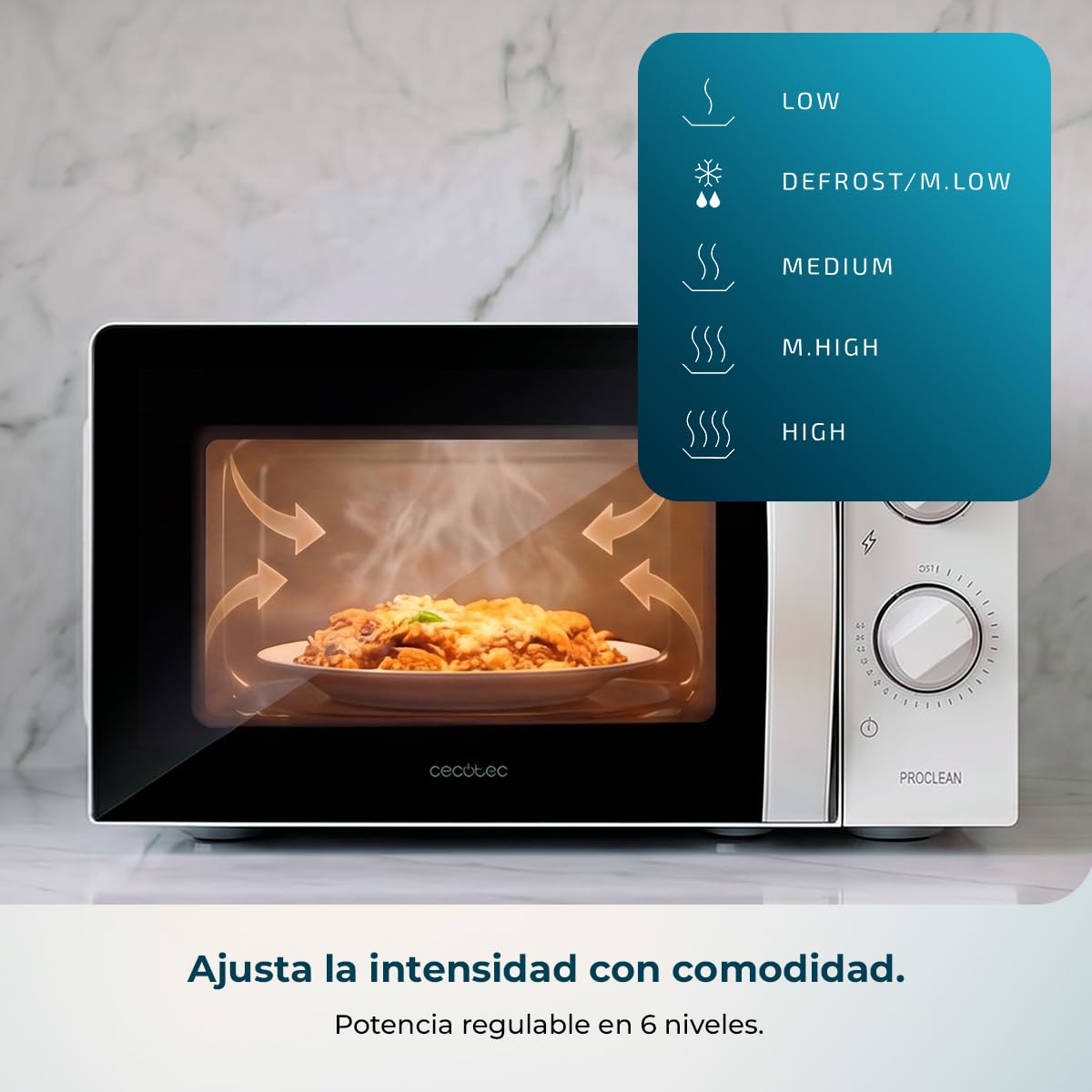 Cecotec Microondas 20L Proclean 2010 Wave. 700 W de Potencia, 20L de Capacidad, Tecnología 3DWave, Modo Descongelación, 6 Niveles de Potencia, Temporizador 30 mins, Diseño Compacto
