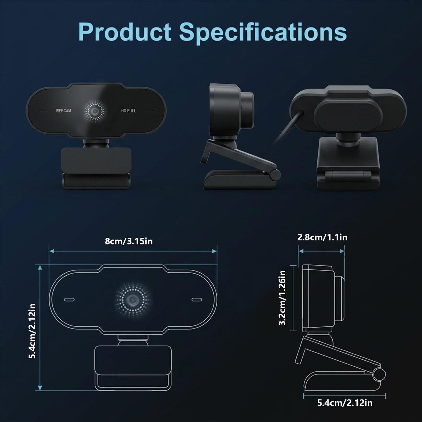 Webcam Full HD 1080P 30FPS,Anti-Ruido Soporte Giratorio 360° Ajustable