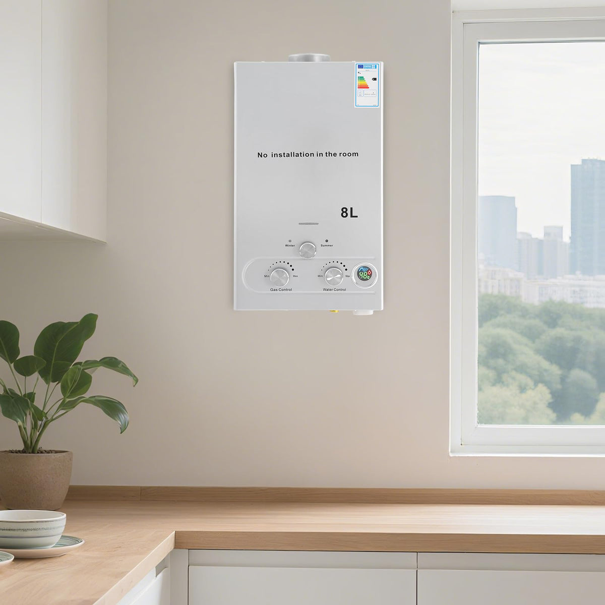 Calentador de agua instantáneo GPL, 16 kW, capacidad 8 l, agua caliente instantánea con alcachofa de ducha y tubo, calentador de agua móvil a gas, para camping, caravana y jardín, alta eficiencia (≥