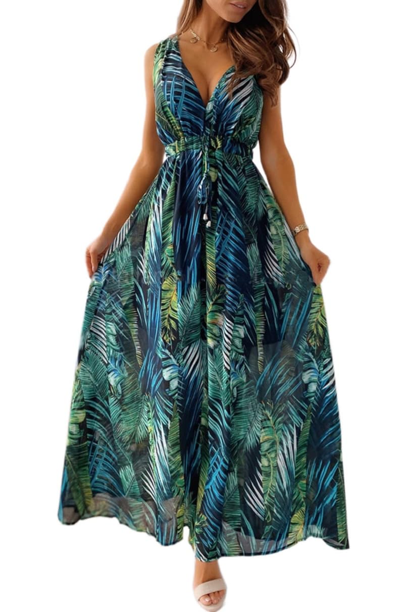 CheChury Vestido Largos Verano Mujer Elegante Vestidos Casual Mujer Bohemio Vestido con Estampado Floral Sin Manga Vestido Maxi Cuello en V Vestidos Florales Vintage Larga Vestido de Playa Vacaciones