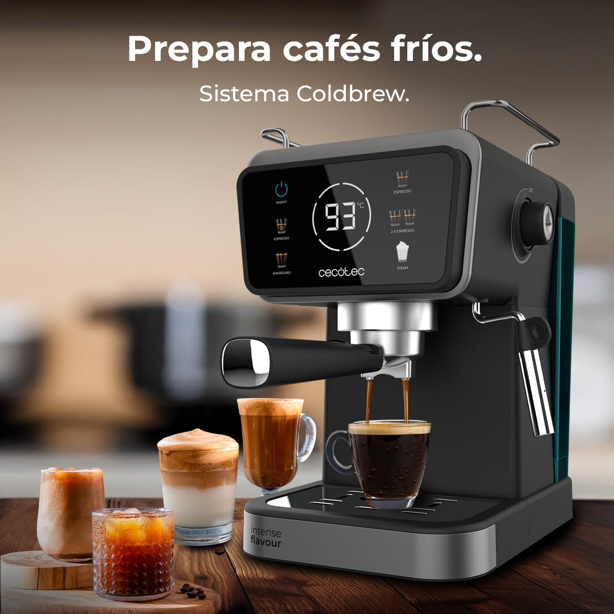 Cecotec Cafetera Express Power Espresso Touch ColdBrew. 1350W, Café en Frío, Espresso y Cappuccino, 20 Bares de Presión, Vaporizador Orientable, Táctil, Depósito de Agua 1,5L y de Leche 550ml