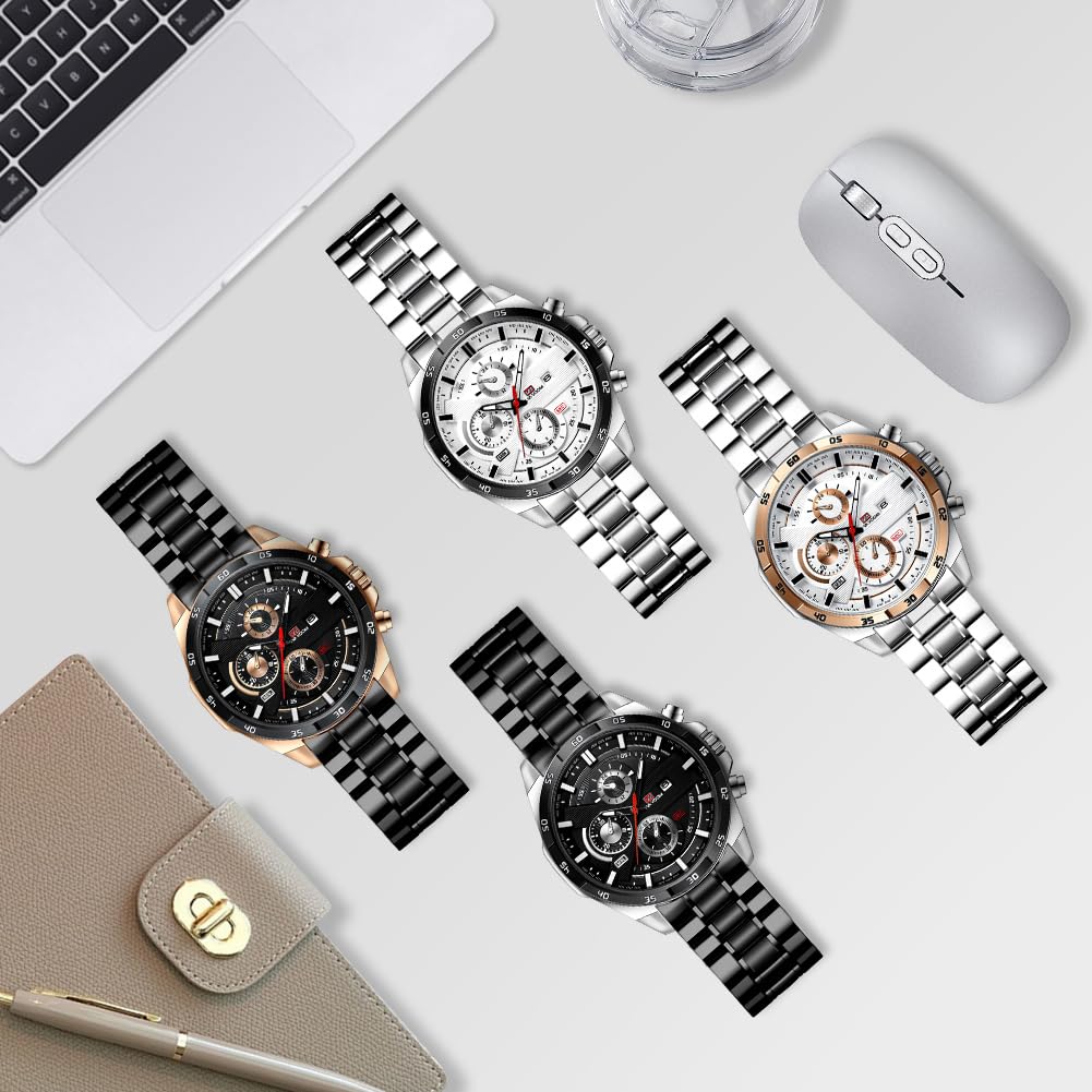 OFFCUP Reloj para Hombre, 50mm Cronografo Impermeable Relojes, Reloj Analógico de Cuarzo con Correa en Acero Inoxidable et Fecha Automática, Negocios Casual Relojes de Pulsera para Hombres (Plata)
