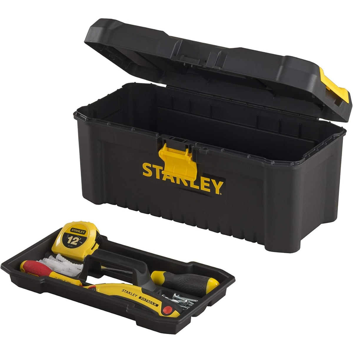 STANLEY Caja de herramientas de plástico con cierre de plástico, 40,6 x 20,5 x 19,5 cm, asa ergonómica, organizadores en la tapa, bandeja interior extraíble, orificio para candado, STST1-75517