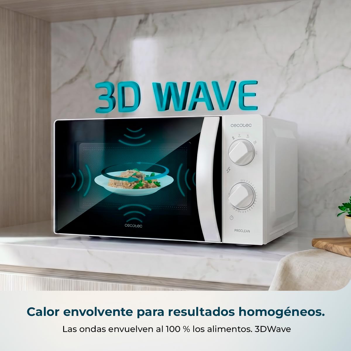 Cecotec Microondas 20L Proclean 2010 Wave. 700 W de Potencia, 20L de Capacidad, Tecnología 3DWave, Modo Descongelación, 6 Niveles de Potencia, Temporizador 30 mins, Diseño Compacto