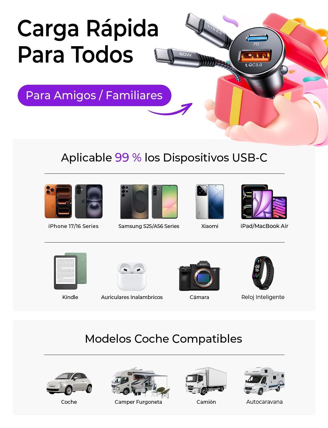 LISEN Cargador Coche Carga Rápida Mechero USB C 69W+60W Cable, Accesorios