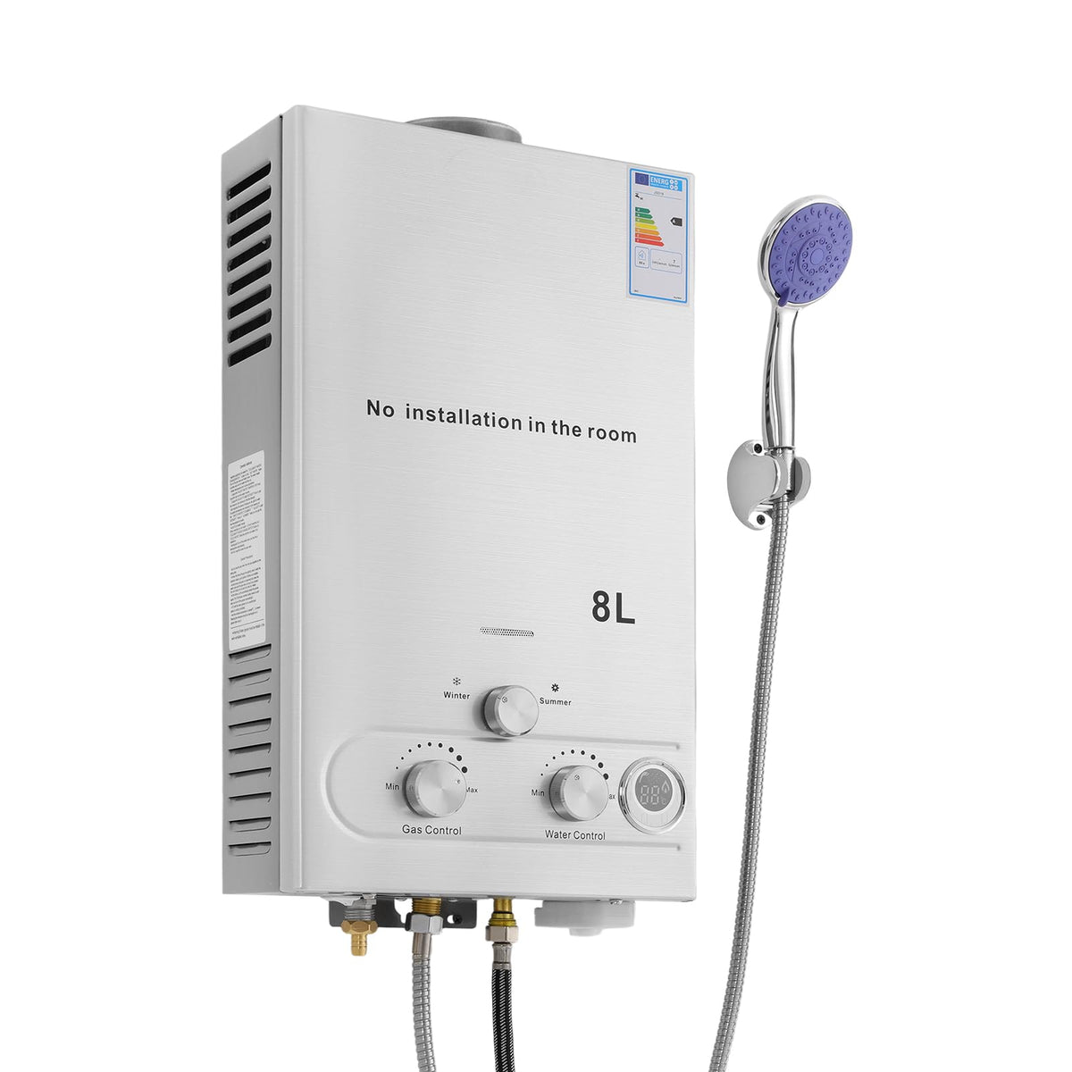 Calentador de agua instantáneo GPL, 16 kW, capacidad 8 l, agua caliente instantánea con alcachofa de ducha y tubo, calentador de agua móvil a gas, para camping, caravana y jardín, alta eficiencia (≥