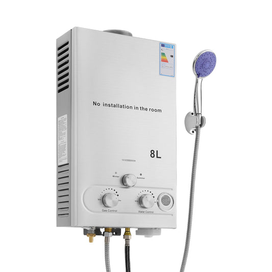 Calentador de agua instantáneo GPL, 16 kW, capacidad 8 l, agua caliente instantánea con alcachofa de ducha y tubo, calentador de agua móvil a gas, para camping, caravana y jardín, alta eficiencia (≥