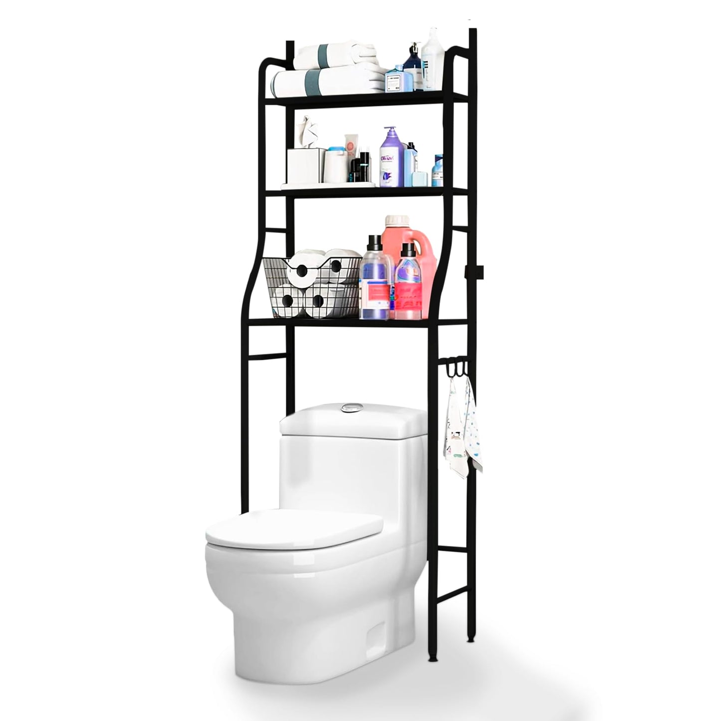 JUPPLIES Estanteria Baño sobre Inodoro (47×26×153 cm) - Mueble Baño WC de 3 Niveles con Patas Regulables y Soporte Antivuelco - Estante de Almacenamiento Impermeable, Organizador para Toallas - Negro