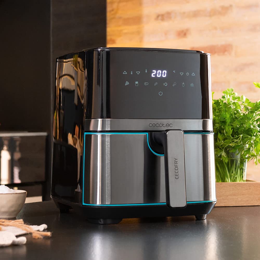 Cecotec Freidora sin Aceite de 5,5 L de Aire Caliente Cecofry Full InoxBlack 5500 Pro. 1700 W, Dietética y Digital, Panel Táctil, Acabados en Acero Inox, Tecnología PerfectCook, Termostato, 8 Modos