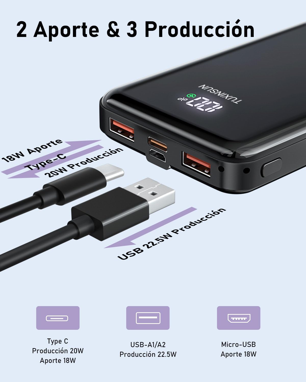 Power Bank 22.5W 20000mAh Bateria Externa Carga Rapida, Bateria Portatil PD3.0 QC4.0, Powerbank USB C Input & Output con Pantalla LCD Compatible con Smartphones, smartwatches, etc (black01)