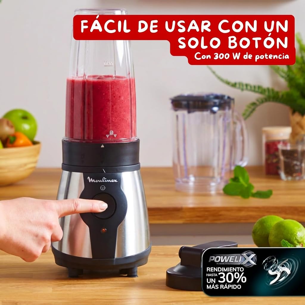 Moulinex Blend & Go, Batidora de vaso 300 W, Jarra de 1,3 L