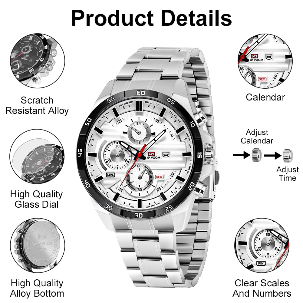 OFFCUP Reloj para Hombre, 50mm Cronografo Impermeable Relojes, Reloj Analógico de Cuarzo con Correa en Acero Inoxidable et Fecha Automática, Negocios Casual Relojes de Pulsera para Hombres (Plata)