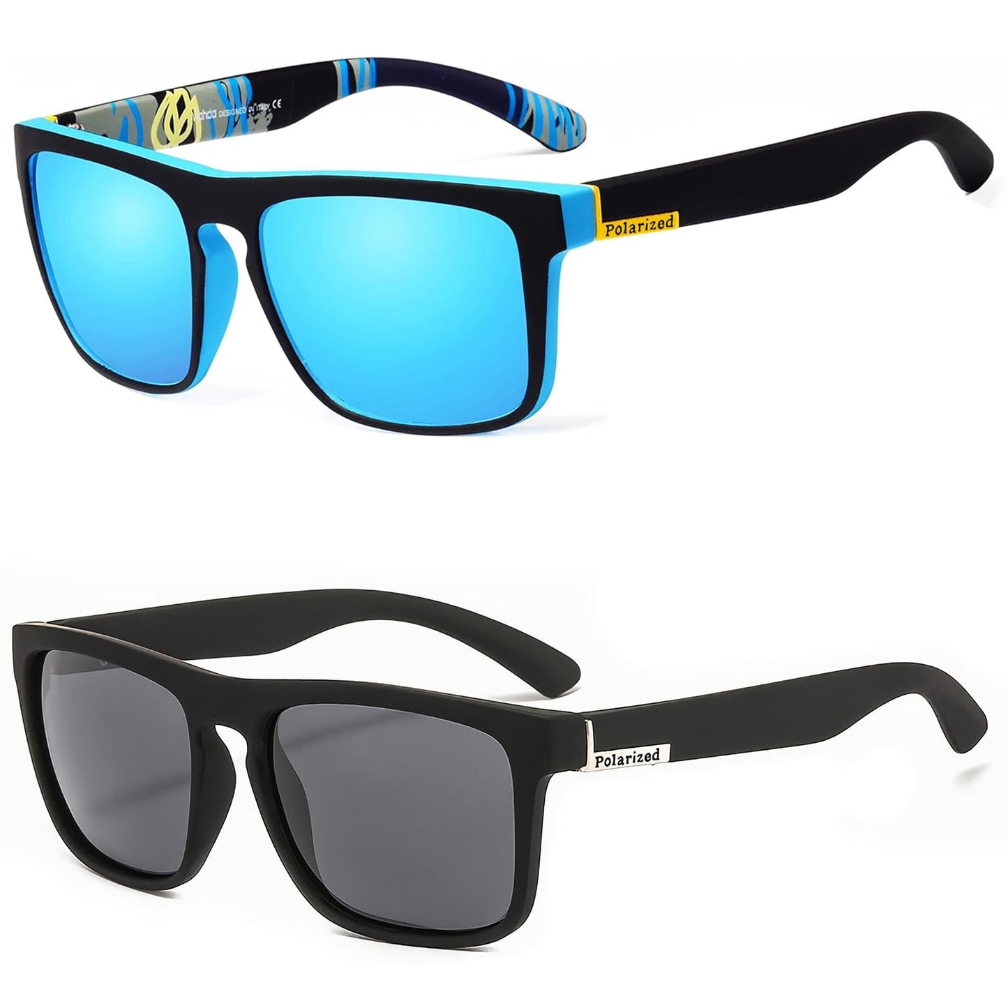 Teouuas 2 Piezas Gafas de Sol, Polarizadas Hombre Mujer (Negro, Azul)
