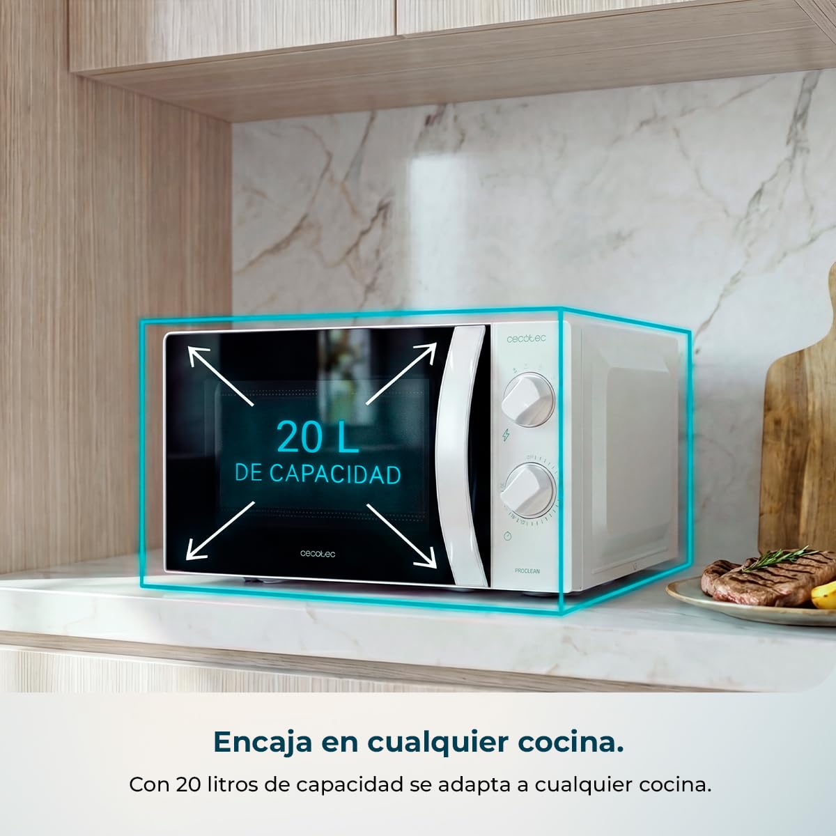 Cecotec Microondas 20L Proclean 2010 Wave. 700 W de Potencia, 20L de Capacidad, Tecnología 3DWave, Modo Descongelación, 6 Niveles de Potencia, Temporizador 30 mins, Diseño Compacto