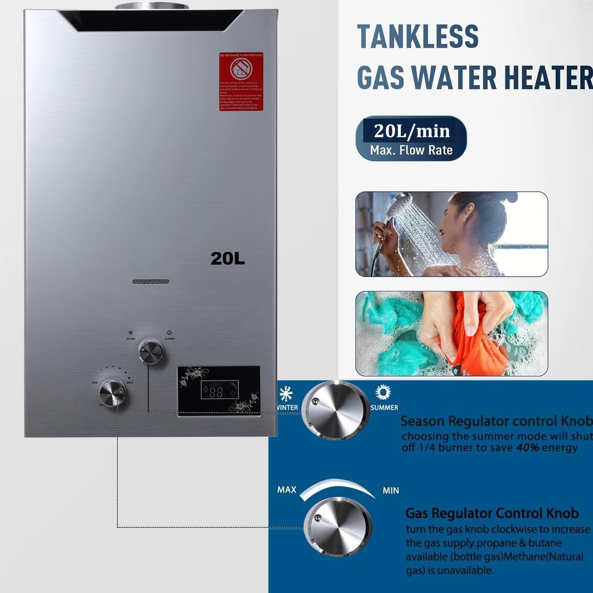 CDZHLTG Calentador de Agua de Gas GLP Propano, 20L 40KW Calentador de Agua de Gas con Cabezal de Ducha, Calentador de agua Propano Sin Tanque para El Hogar para Hogares, Apartamentos