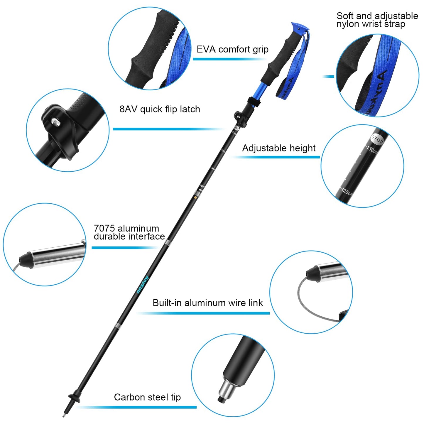 Anykuu 7075 Bastones de Senderismo de Aleación de Aluminio 2pcs y EVA Bastones Trekking Bastones Marcha Nordica Plegables Ajustar la Longitud 110-130CM para Senderismo Viaje Alpinismo Trail