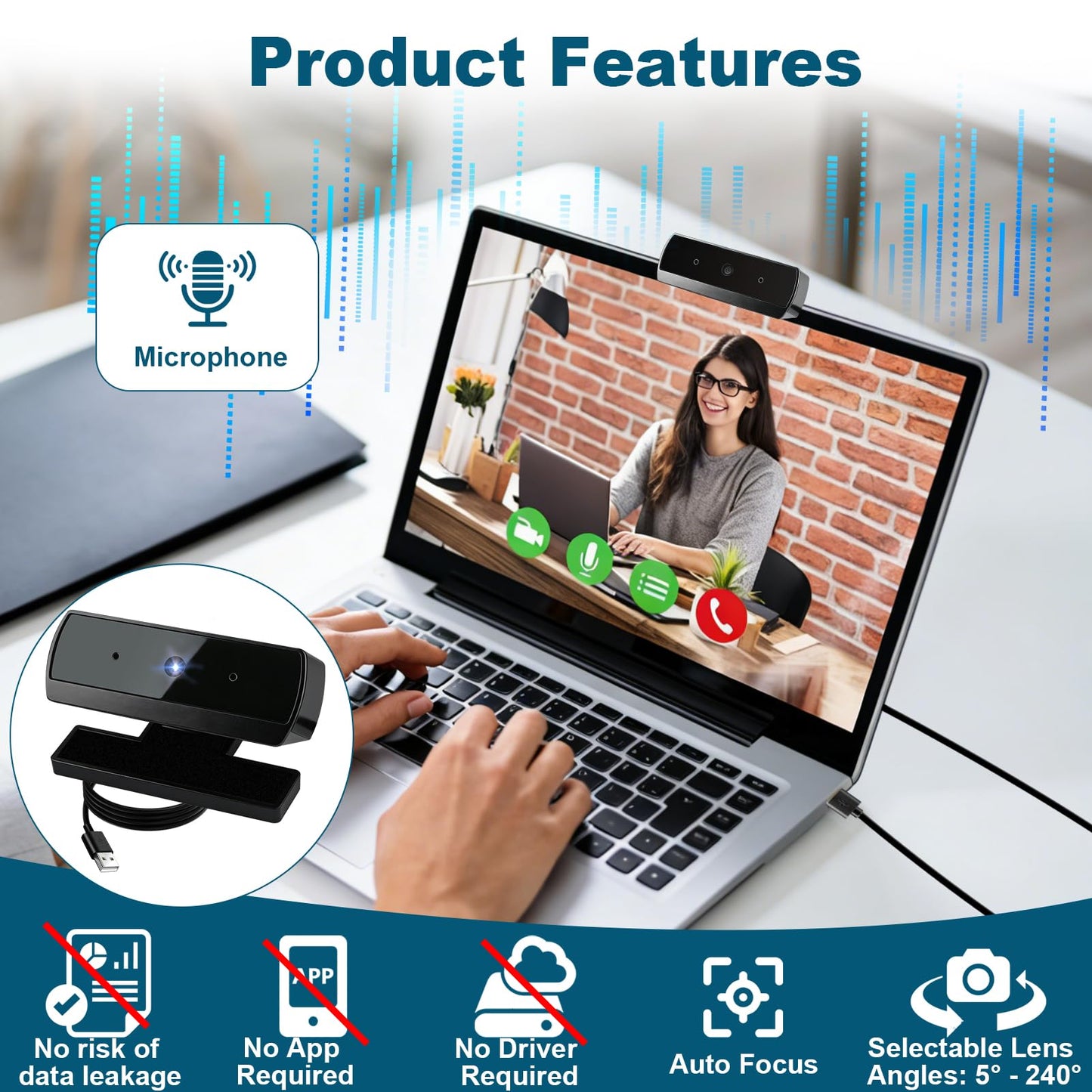 Webcam Full HD 1080P 30FPS con Microfono USB Plug Play Enfoque Automático