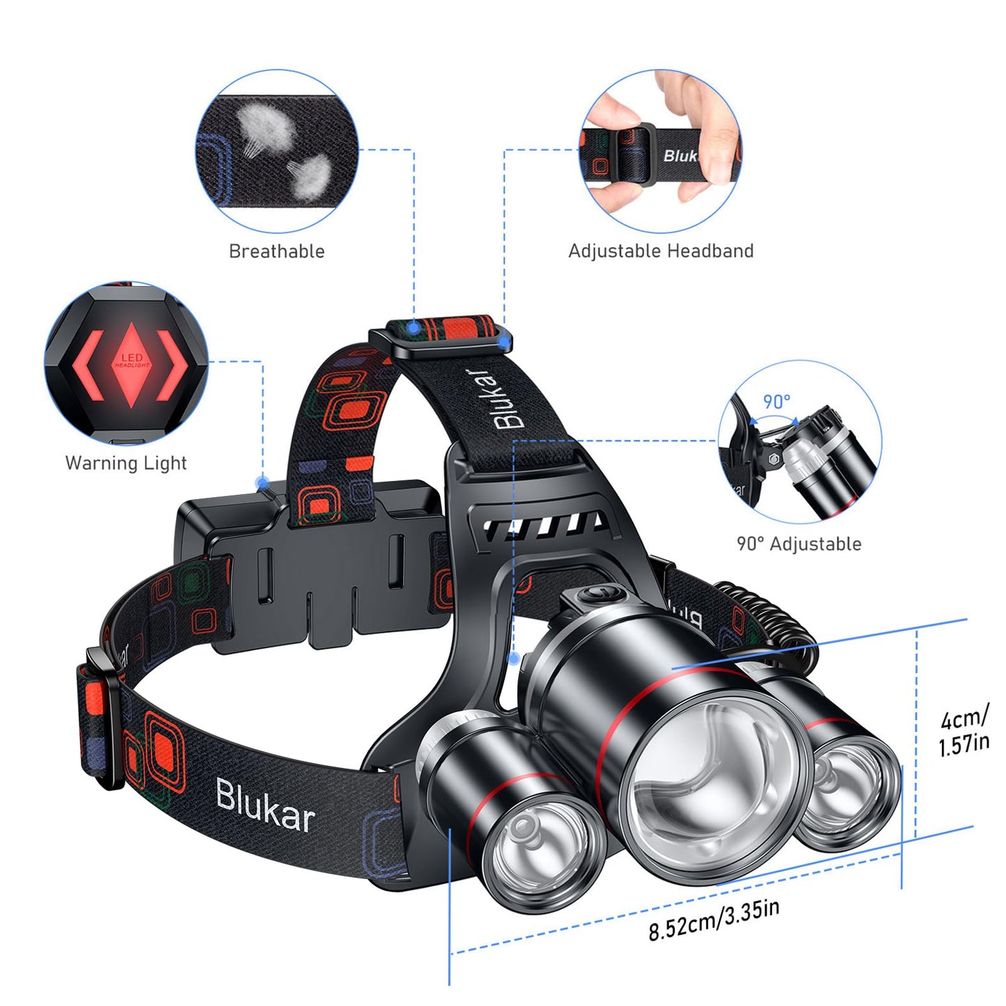 Blukar Linterna Frontal Led Recargable,8000L Superbrillante Linterna Cabeza
